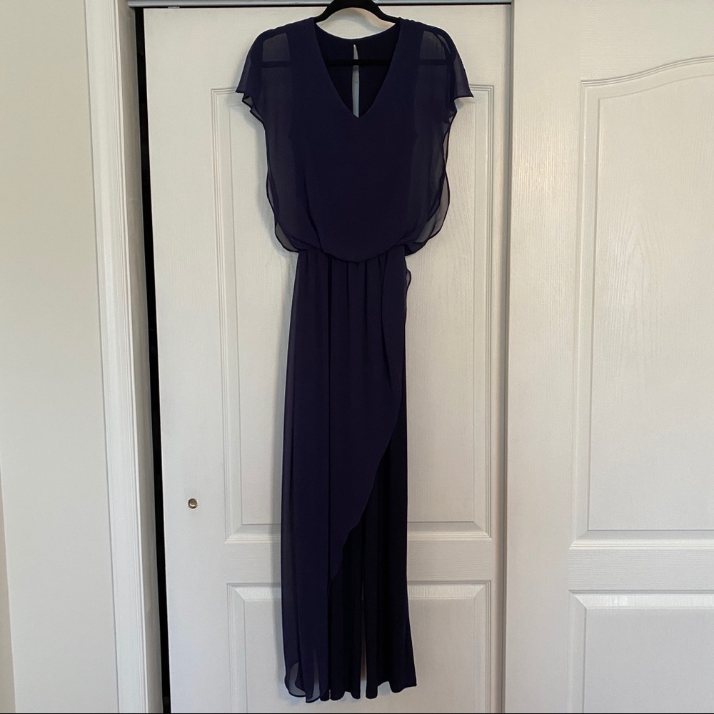 Navy Jumpsuit w/ sheer fabric asymmetrical overlay